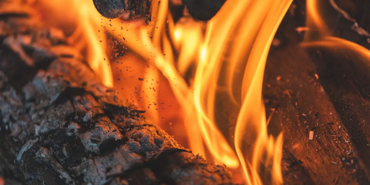 Bûche en combustion, gros plan sur les flammes